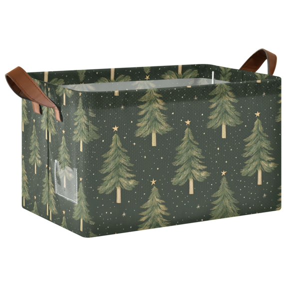 Yayeee Foldable Storage Basket for Shelves with Handles Waterproof Cloth Bins, Hand Drawn Christmas Trees