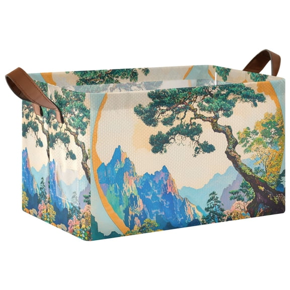 Yayeee Foldable Storage Basket for Shelves with Handles Waterproof Cloth Bins, Large Pine Tree