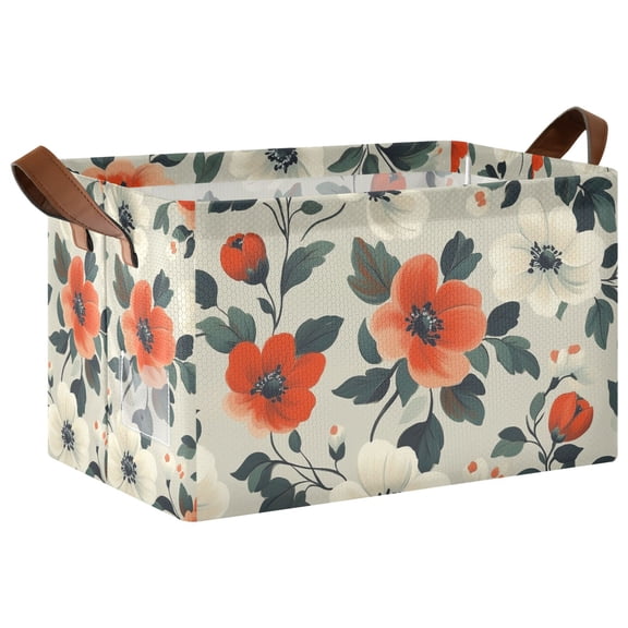 Yayeee Foldable Storage Basket for Shelves with Handles Waterproof Cloth Bins, Large Red Floral Pattern