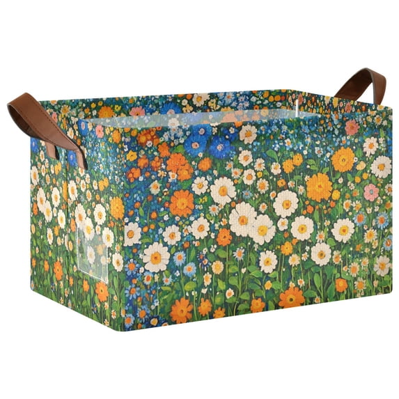 Yayeee Foldable Storage Basket for Shelves with Handles Waterproof Cloth Bins, Orange Floral Garden