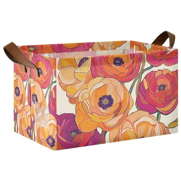 Yayeee Foldable Storage Basket for Shelves Waterproof Cloth Bins, Orange Hand Drawn Floral