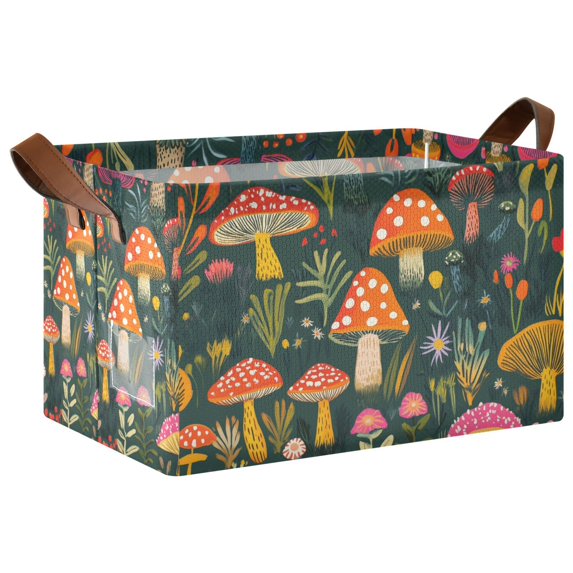 Yayeee Foldable Storage Basket for Shelves with Handles Waterproof Cloth Bins, Orange Mushroom