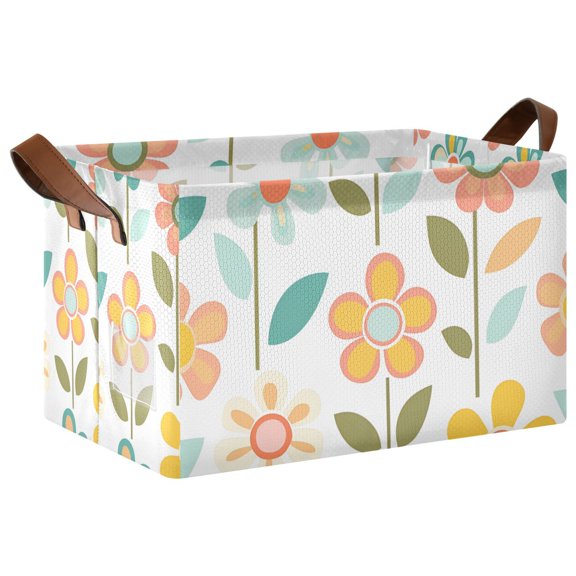 Yayeee Foldable Storage Basket for Shelves with Handles Waterproof Cloth Bins, Orange Retro Flower