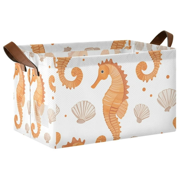 Yayeee Foldable Storage Basket for Shelves with Handles Waterproof Cloth Bins, Orange Seahorse