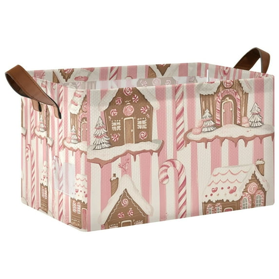 Yayeee Foldable Storage Basket for Shelves with Handles Waterproof Cloth Bins, Pink Candy House
