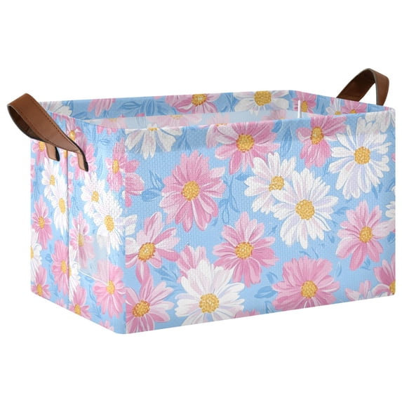 Yayeee Foldable Storage Basket for Shelves with Handles Waterproof Cloth Bins, Pink Daisy