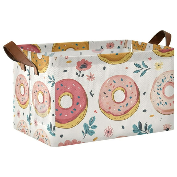 Yayeee Foldable Storage Basket for Shelves with Handles Waterproof Cloth Bins, Pink Donut