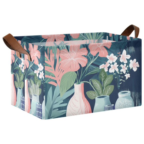 Yayeee Foldable Storage Basket for Shelves with Handles Waterproof Cloth Bins, Pink Flowers