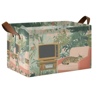 Yayeee Foldable Storage Basket for Shelves Waterproof Cloth Bins, Pink and Green Cat