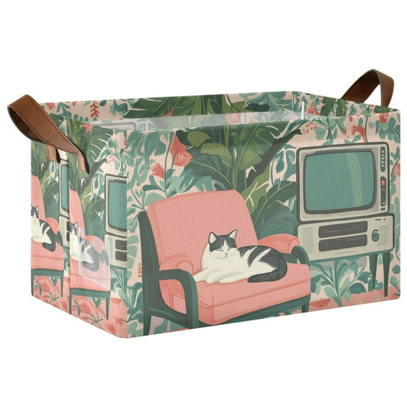 Yayeee Foldable Storage Basket for Shelves with Handles Waterproof Cloth Bins, Pink and White Cat