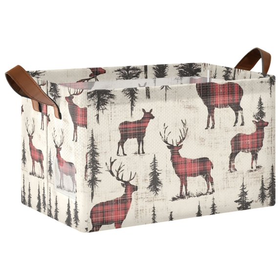 Yayeee Foldable Storage Basket for Shelves with Handles Waterproof Cloth Bins, Plaid Deer