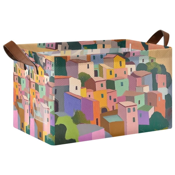 Yayeee Foldable Storage Basket for Shelves with Handles Waterproof Cloth Bins, Purple Cityscape Painting