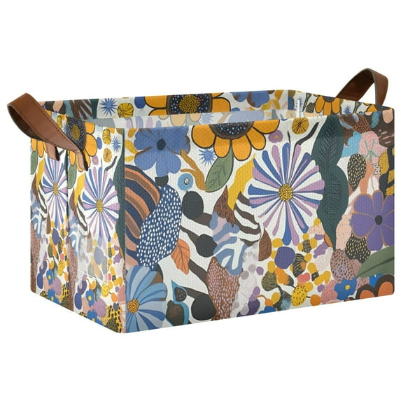 Yayeee Foldable Storage Basket for Shelves with Handles Waterproof Cloth Bins, Purple Flowers