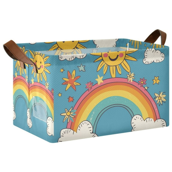 Yayeee Foldable Storage Basket for Shelves with Handles Waterproof Cloth Bins, Rainbow with Stars