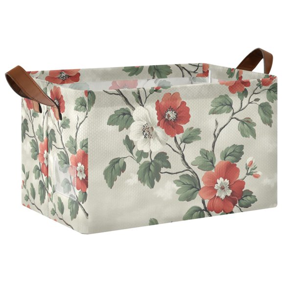 Yayeee Foldable Storage Basket for Shelves with Handles Waterproof Cloth Bins, Red Floral Pattern