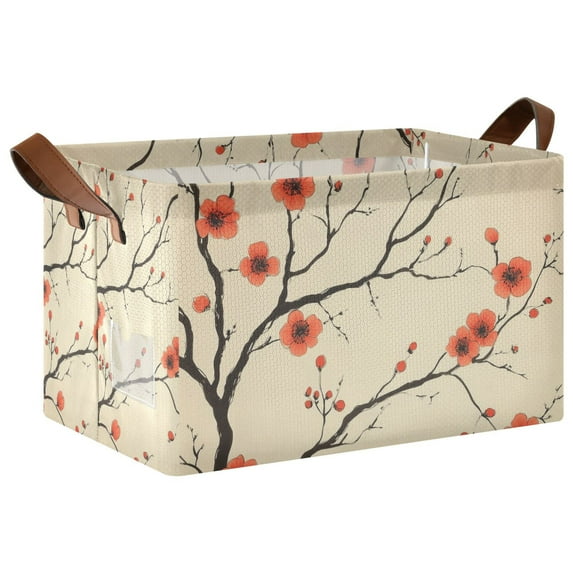 Yayeee Foldable Storage Basket for Shelves with Handles Waterproof Cloth Bins, Red Floral Pattern