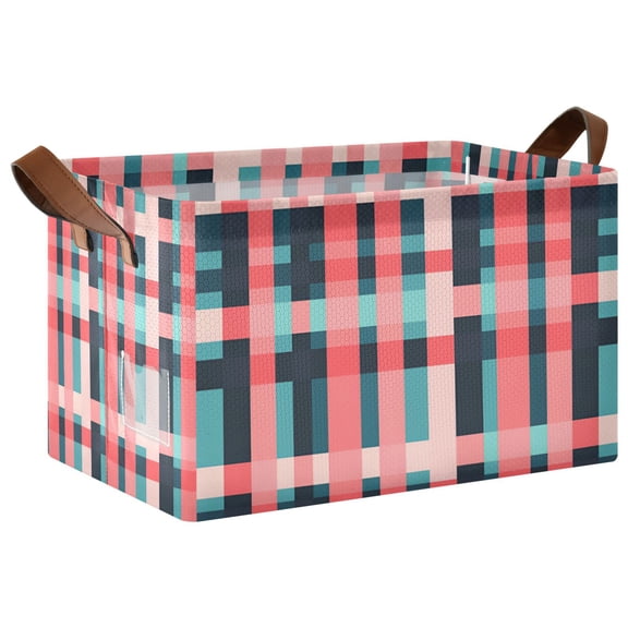 Yayeee Foldable Storage Basket for Shelves with Handles Waterproof Cloth Bins, Red Teal Stripes