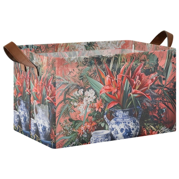 Yayeee Foldable Storage Basket for Shelves with Handles Waterproof Cloth Bins, Red Vibrant Flowers