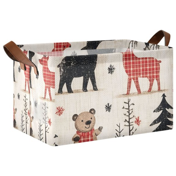Yayeee Foldable Storage Basket for Shelves with Handles Waterproof Cloth Bins, Retro Christmas Forest