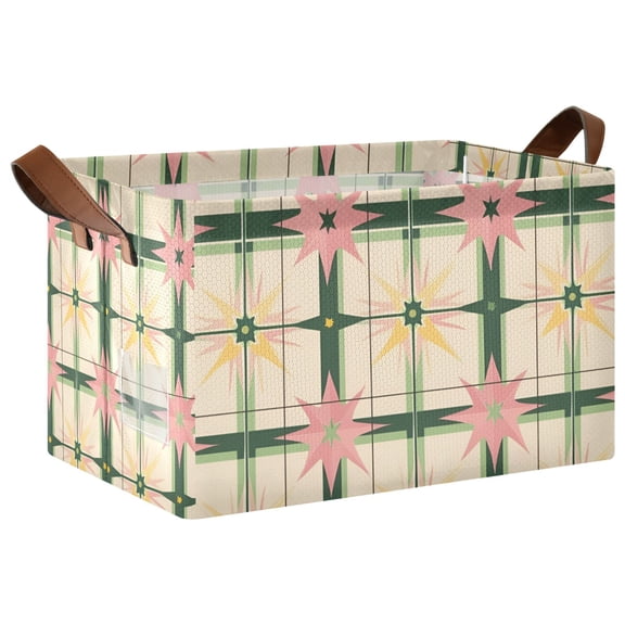 Yayeee Foldable Storage Basket for Shelves with Handles Waterproof Cloth Bins, Retro Green Stars