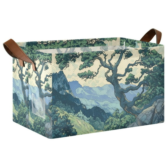 Yayeee Foldable Storage Basket for Shelves with Handles Waterproof Cloth Bins, Retro Tree