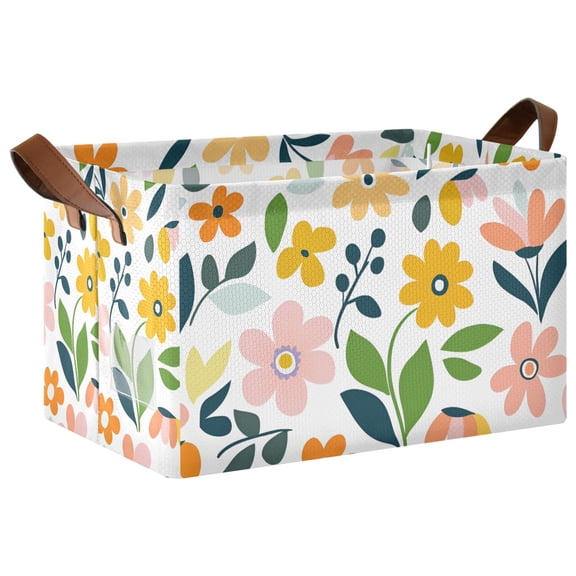 Yayeee Foldable Storage Basket for Shelves with Handles Waterproof Cloth Bins, Retro Yellow Floral
