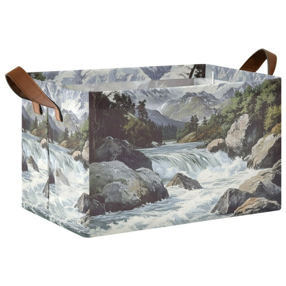 Yayeee Foldable Storage Basket for Shelves with Handles Waterproof Cloth Bins, River and Mountains