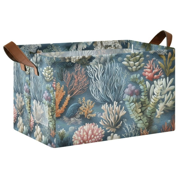 Yayeee Foldable Storage Basket for Shelves with Handles Waterproof Cloth Bins, Sea Plants Pattern