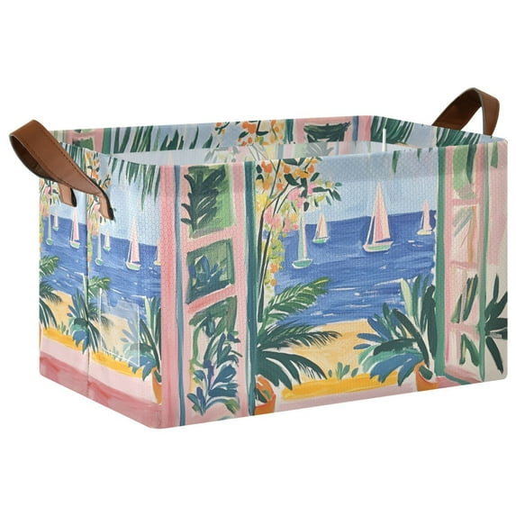Yayeee Foldable Storage Basket for Shelves with Handles Waterproof Cloth Bins, Seaside Leaves