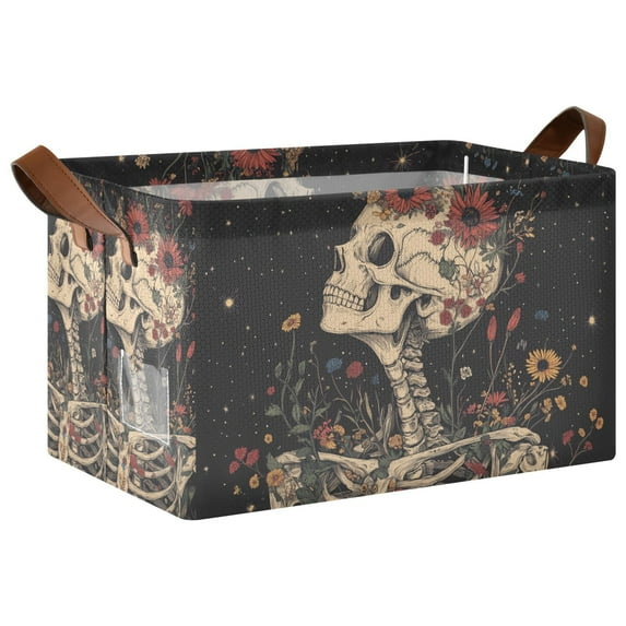 Yayeee Foldable Storage Basket for Shelves with Handles Waterproof Cloth Bins, Skeleton with Flowers Pattern