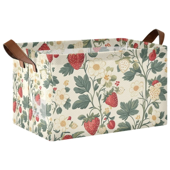 Yayeee Foldable Storage Basket for Shelves with Handles Waterproof Cloth Bins, Small Strawberry Pattern