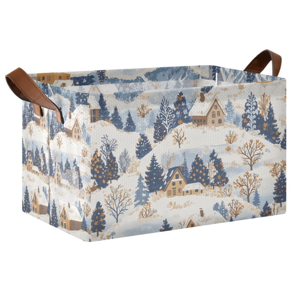 Yayeee Foldable Storage Basket for Shelves with Handles Waterproof Cloth Bins, Snowy Winter