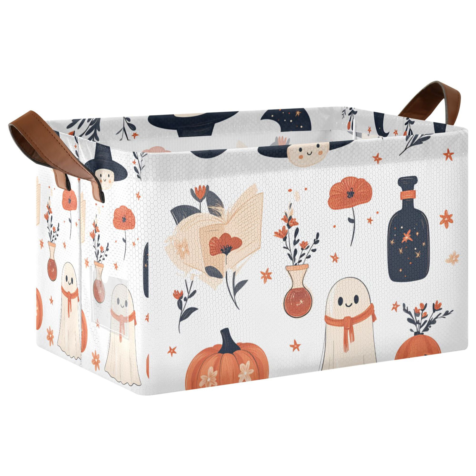 Yayeee Foldable Storage Basket for Shelves with Handles Waterproof Cloth Bins, White Cartoon Halloween Ghosts