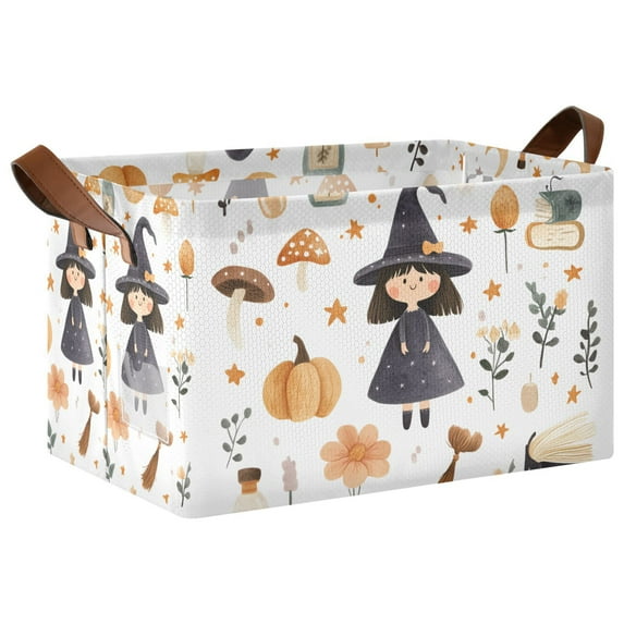 Yayeee Foldable Storage Basket for Shelves with Handles Waterproof Cloth Bins, White Magical Halloween Girl