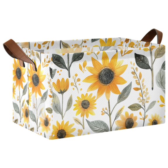 Yayeee Foldable Storage Basket for Shelves with Handles Waterproof Cloth Bins, White Watercolor Sunflowers