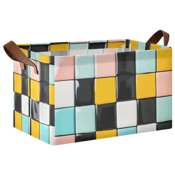 Yayeee Foldable Storage Basket for Shelves with Handles Waterproof Cloth Bins, Yellow Checkered Pattern