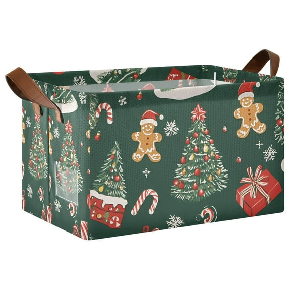 Yayeee Foldable Storage Basket for Shelves with Handles Waterproof Cloth Bins, Yellow Christmas Gingerbread