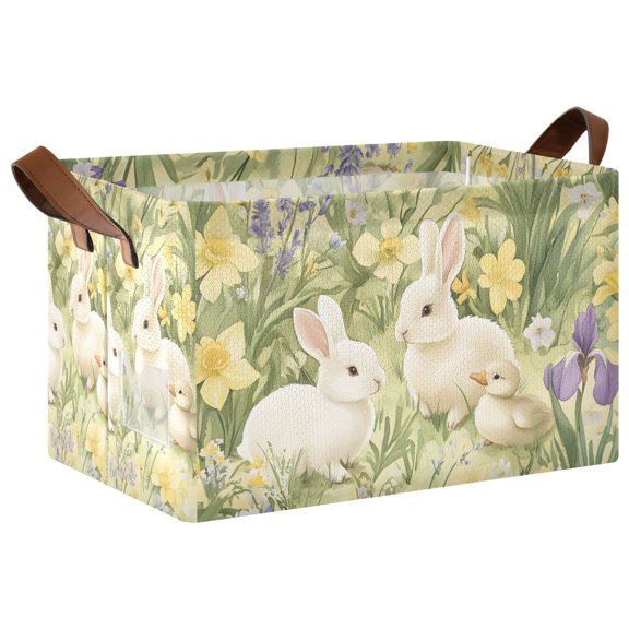 Yayeee Foldable Storage Basket for Shelves with Handles Waterproof Cloth Bins, Yellow Floral Rabbit