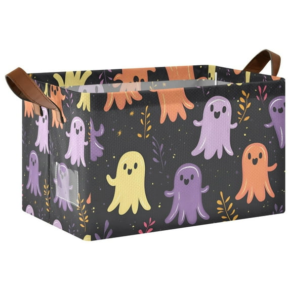 Yayeee Foldable Storage Basket for Shelves with Handles Waterproof Cloth Bins, Yellow Halloween Ghosts
