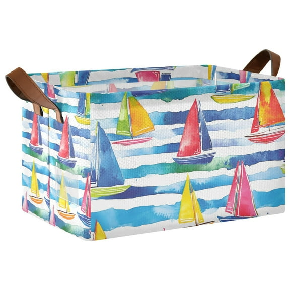 Yayeee Foldable Storage Basket for Shelves with Handles Waterproof Cloth Bins, Yellow Hand Drawn Sailboats
