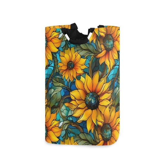 Yayeee Freestanding Laundry Hamper with Handle Collapsible Large Storage Basket for Clothes, Stained Glass Sunflowers Pattern