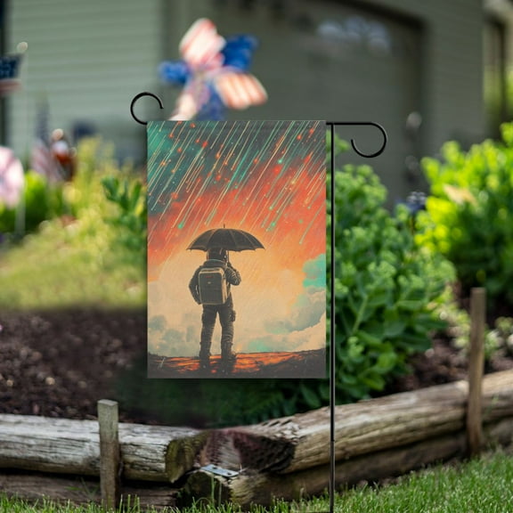 Yayeee Garden Flag 12" x 18" Double Sided Outdoor Yard Lawn Holiday Decorations, Astronaut in Rain