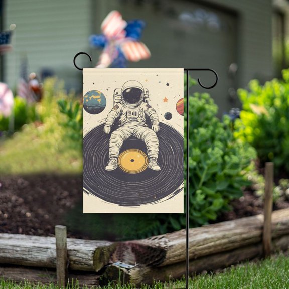 Yayeee Garden Flag 12" x 18" Double Sided Outdoor Yard Lawn Holiday Decorations, Beige Astronaut Record