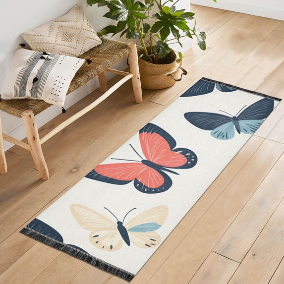Yayeee Runner Rug for Bedroom 2'x6' Machine Washable Hallway Non Slip Mat, Beige Butterflies