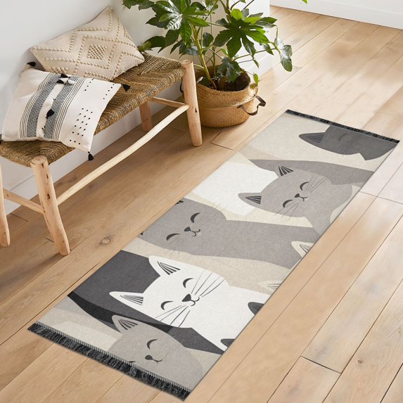 Yayeee Runner Rug for Bedroom 2'x6' Machine Washable Hallway Non Slip Mat, Beige Cute Cats