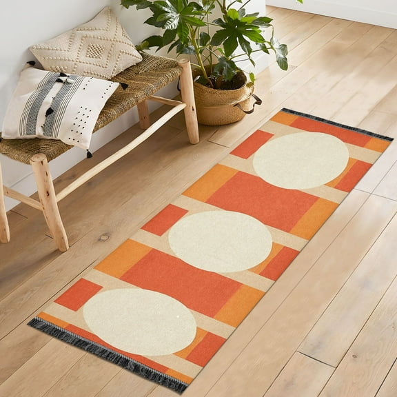Yayeee Runner Rug for Bedroom 2'x6' Machine Washable Hallway Non Slip Mat, Beige Geometric Circles