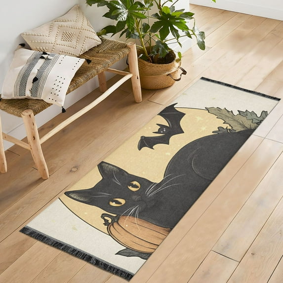 Yayeee Hallway Runner Rug 2'x6' Non Slip Machine Washable with Rubber Backing, Beige Halloween Cat
