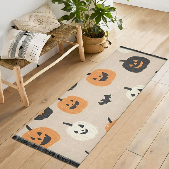 Yayeee Runner Rug for Bedroom 2'x6' Machine Washable Hallway Non Slip Mat, Beige Halloween Pumpkin