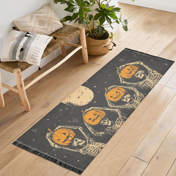 Yayeee Runner Rug for Bedroom 2'x6' Machine Washable Hallway Non Slip Mat, Beige Halloween Skeleton