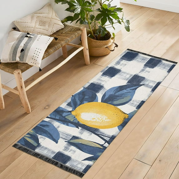Yayeee Runner Rug for Bedroom 2'x6' Machine Washable Hallway Non Slip Mat, Beige Plaid Lemon